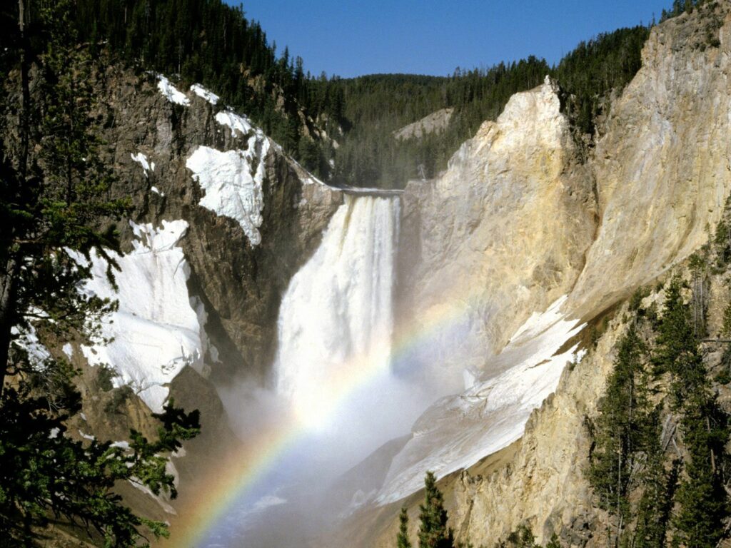 Lower Falls Yellowstone Wyoming waterfall cascading rugged cliffs lush greenery vibrant rainbow wallpaper