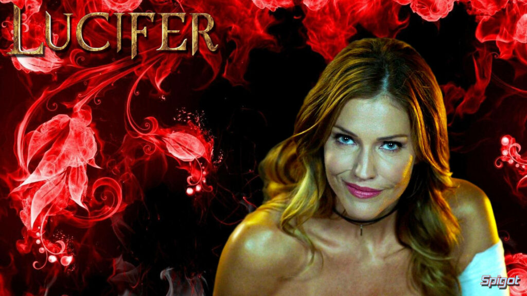 Lucifer-themed wallpaper with stunning portrait of Tricia Helfer in mystical red swirls