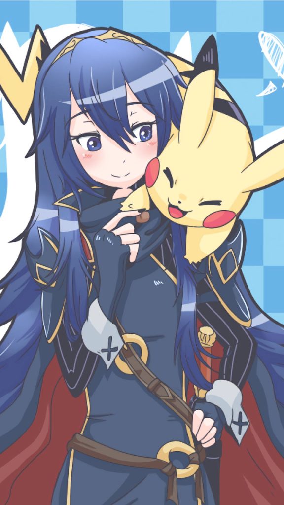 Anime-style wallpaper of Lucina from Fire Emblem with a winking Pikachu on blue checkerboard background