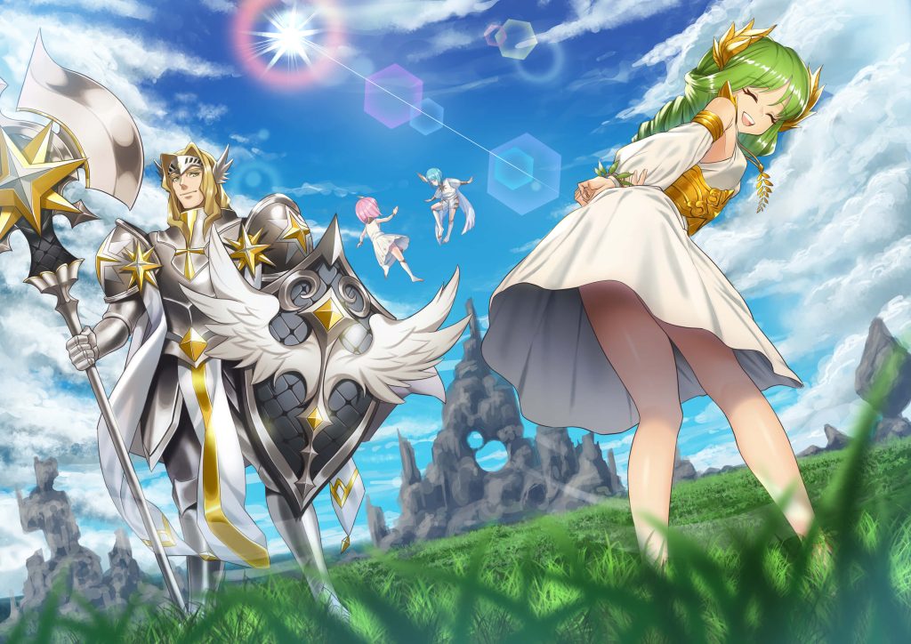 Anime style AFK Arena wallpaper Lucius Lightbringer armor winged shield Flora Serene Bud sunny Esperia