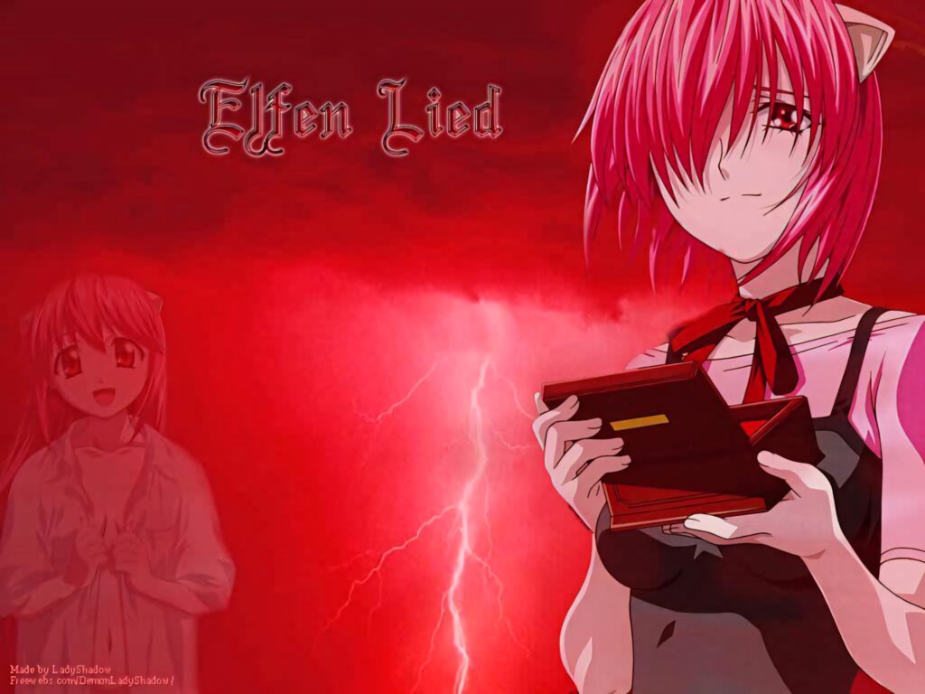 Lucy from Elfen Lied with pink hair on vivid red lightning background dark emotional anime wallpaper