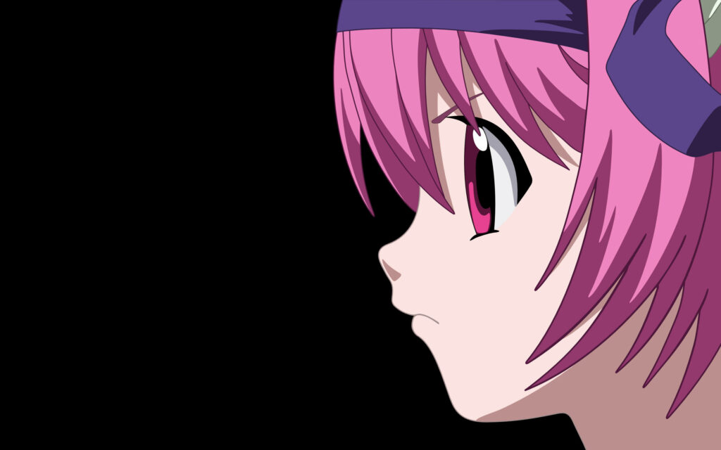Lucy from Elfen Lied side profile pink hair intense gaze bold anime style wallpaper background