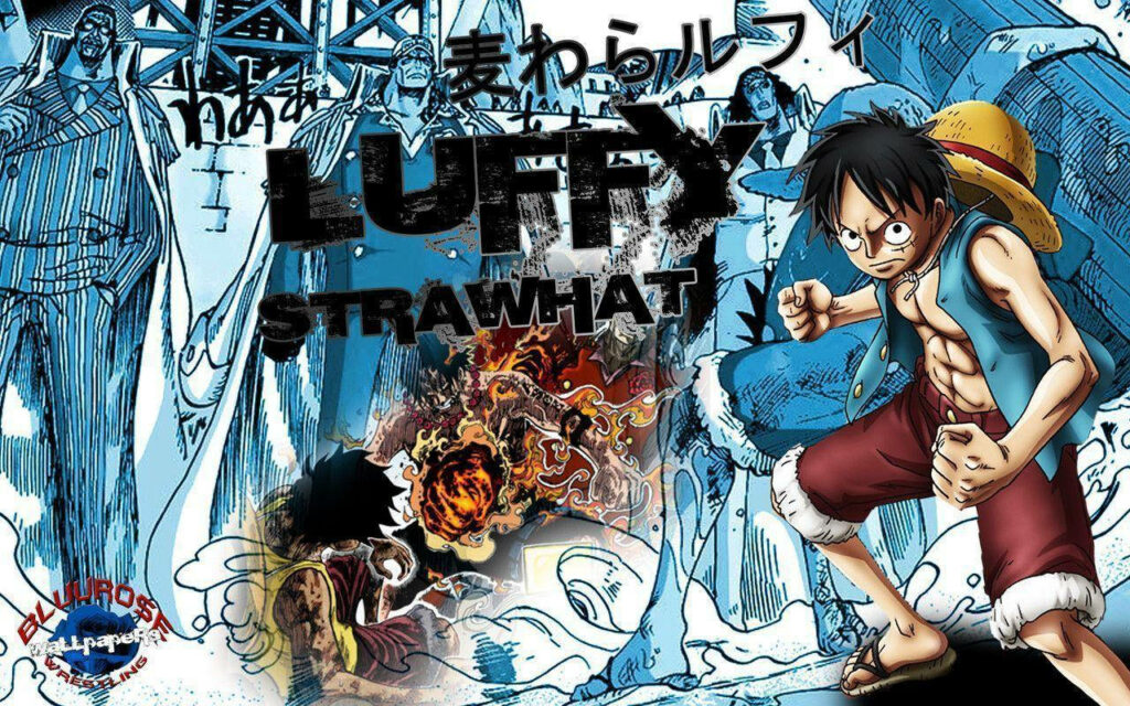 Blue Background Adventure: Luffy, the Strawhat Hero, Strikes a Cool Pose! Wallpaper