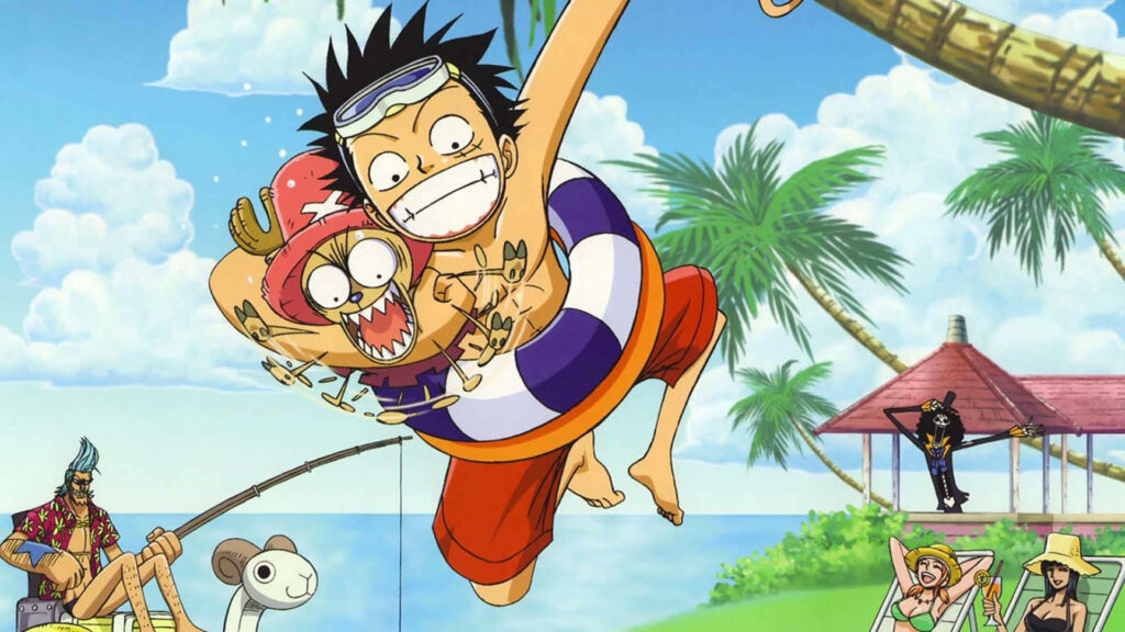 Beachside Laughter: Luffy's Hilarious One Piece Moment with Chopper's Floaty Foible Wallpaper