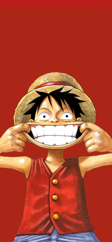 Luffy's Infectious Smile: A Charming Mobile Wallpaper on a Vibrant Red Background