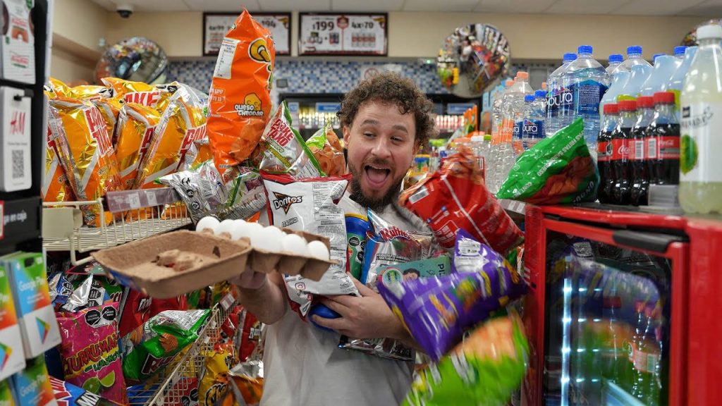 Luisito Comunica energetic grocery trip with colorful snacks and excited expression wallpaper