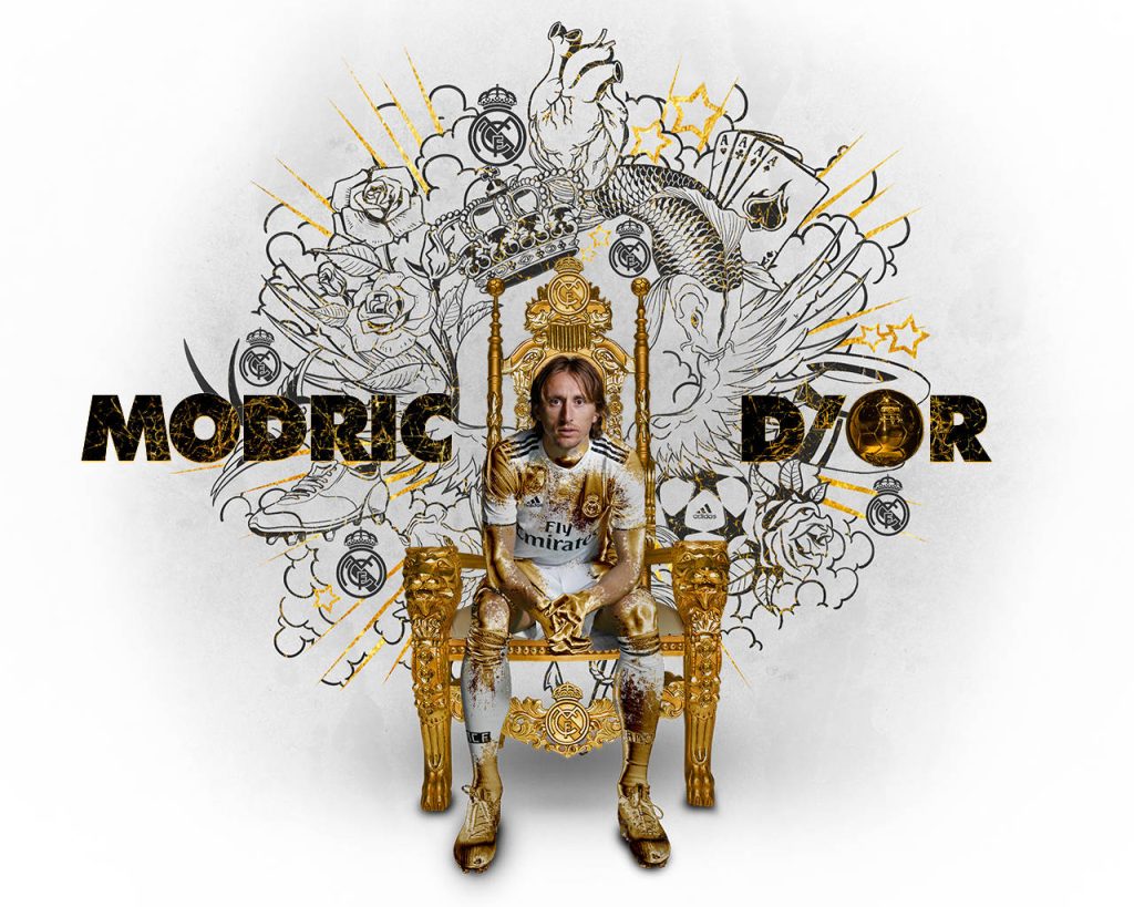 Luka Modrić Real Madrid wallpaper gold throne digital art roses crowns team emblems