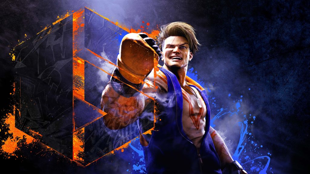 Luke from Street Fighter 6 dynamic artwork with vibrant orange and blue paint splatters wallpaper