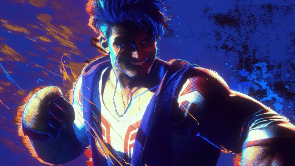 Street Fighter 6 Luke wallpaper showing fierce fighter in neon blue and orange battle pose
