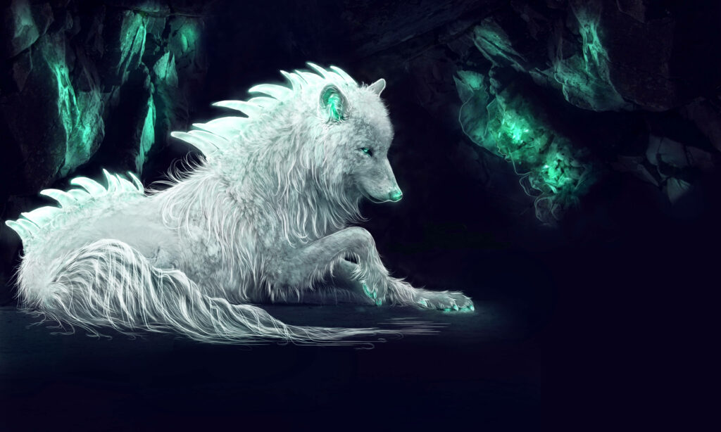 Enchanting White Wolf in Celestial Cave - Mystical Wallpaper