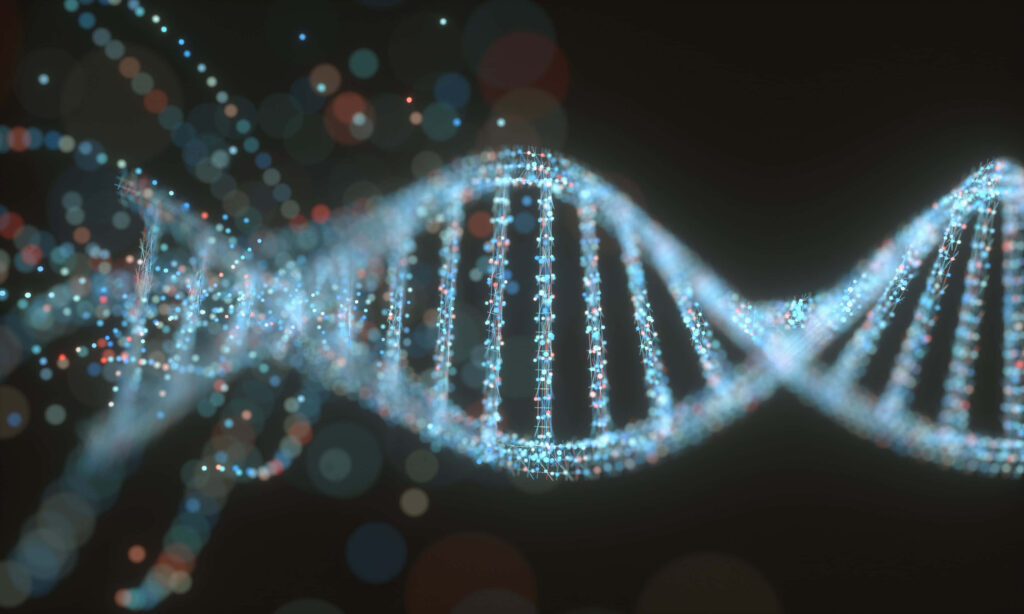 Luminous 3D DNA double helix with glowing blue and red particles on dark scientific background Wallpaper