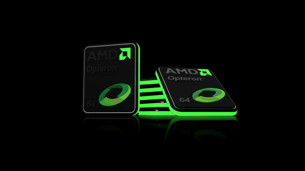 Two glowing green AMD Opteron processor icons on sleek black high-tech wallpaper background