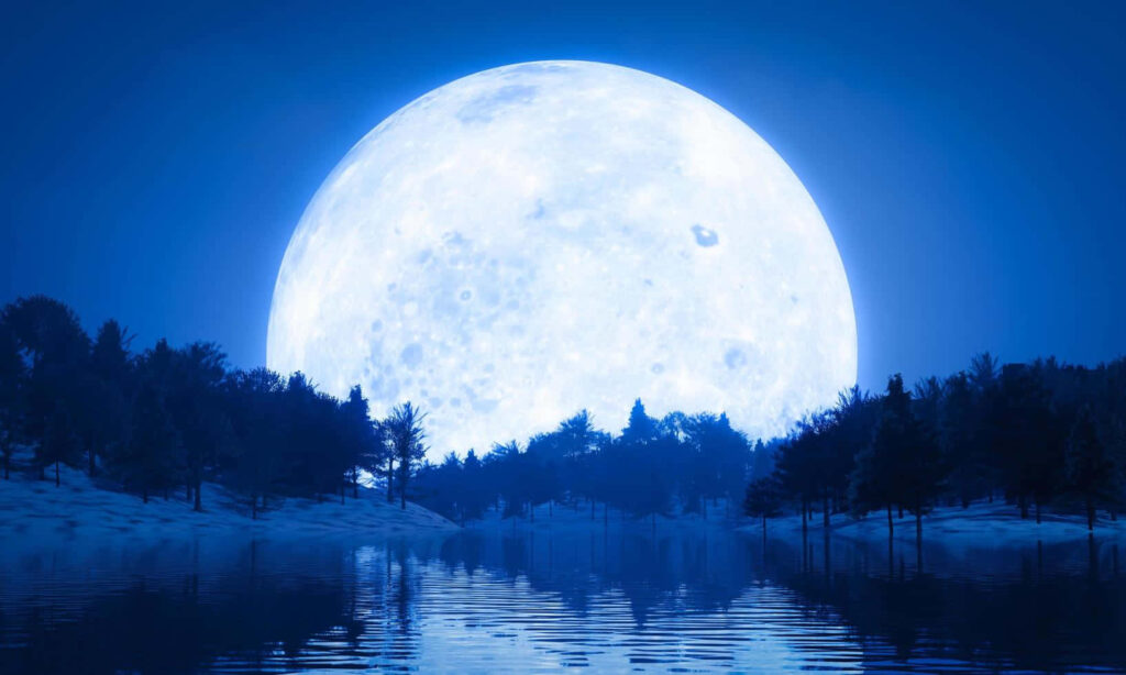 Luminous Blue Moon Wallpaper: Serene Forest Reflection Background