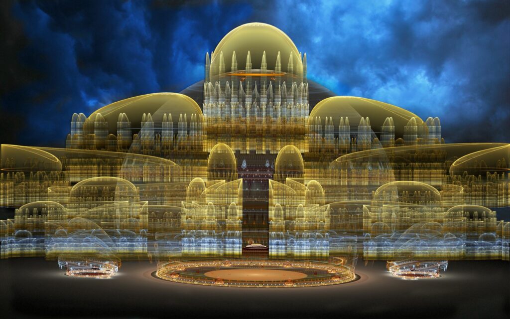Luminous Cityscape Wallpaper: Ethereal Design Under Dramatic Skies