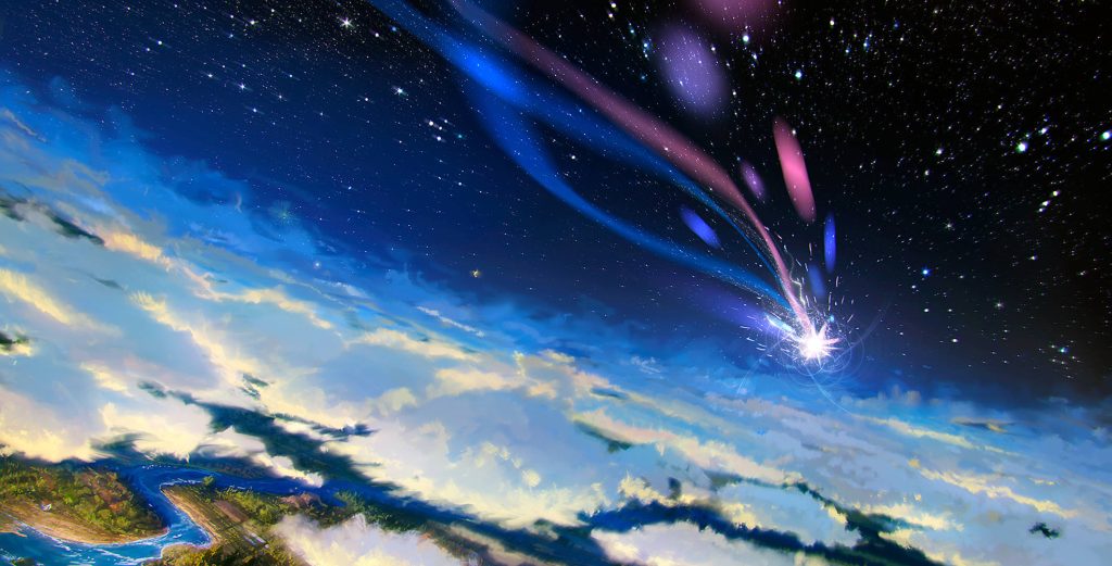 Anime-style comet streaks over starry sky with colorful trail above river landscape wallpaper