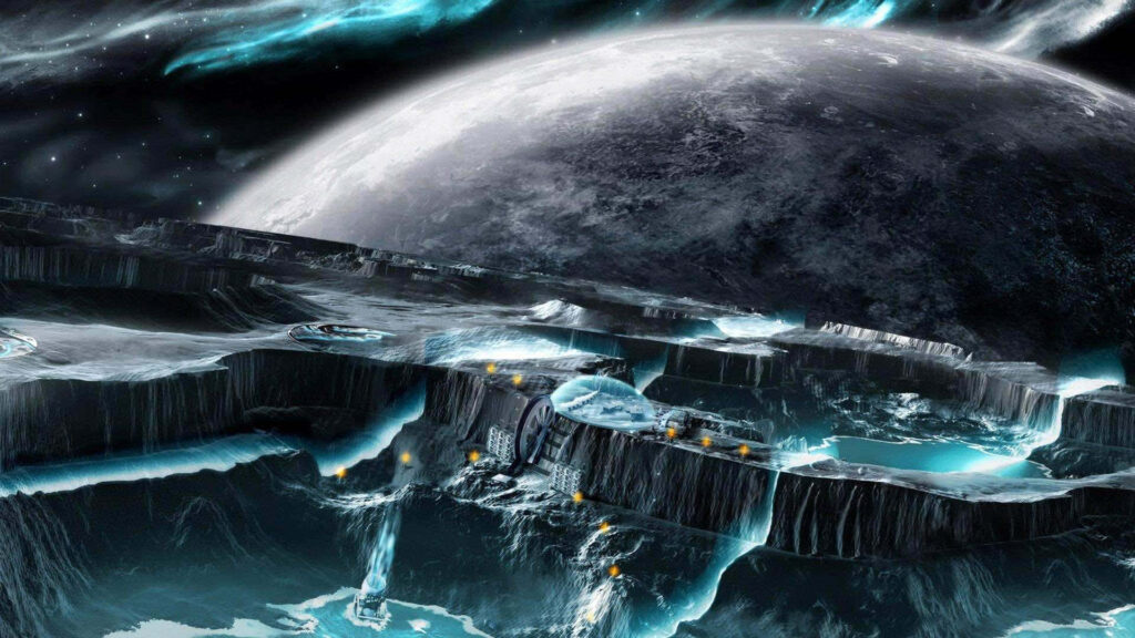 Luminous cosmic landscape wallpaper with icy terrain, glowing fissures, and a giant planet backdrop.
