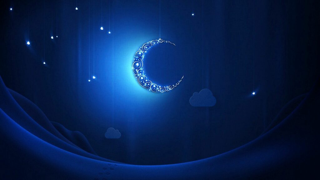 Luminous Crescent Moon Wallpaper with Neon Blue Patterns