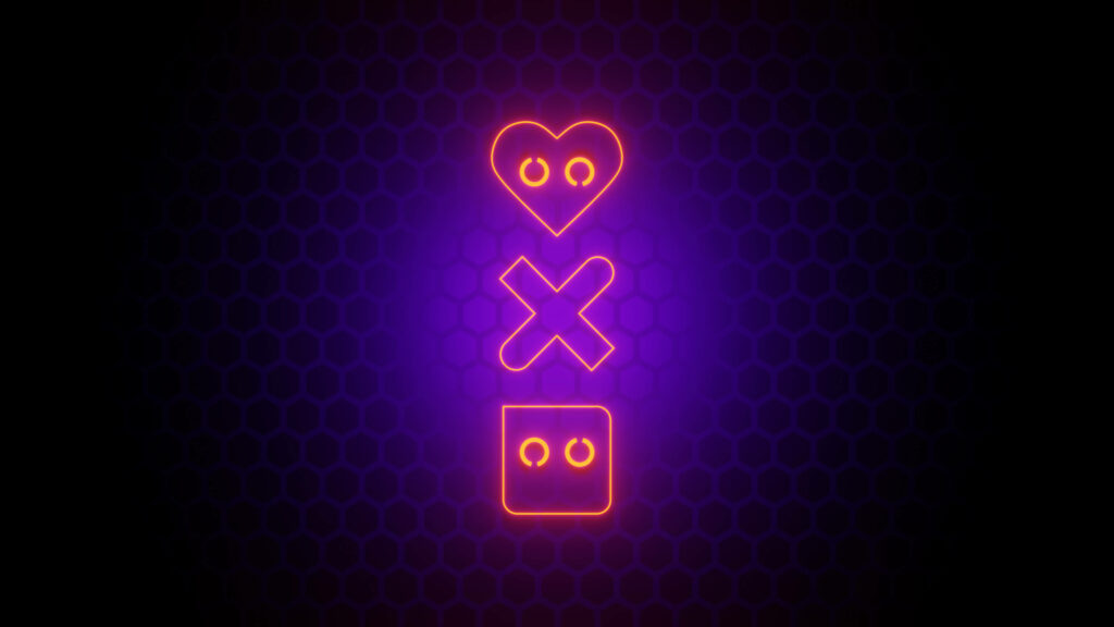 Electric Romance: Neon-lit Futuristic Love, Death, and Robots against a Prismatic Purple Backdrop Wallpaper