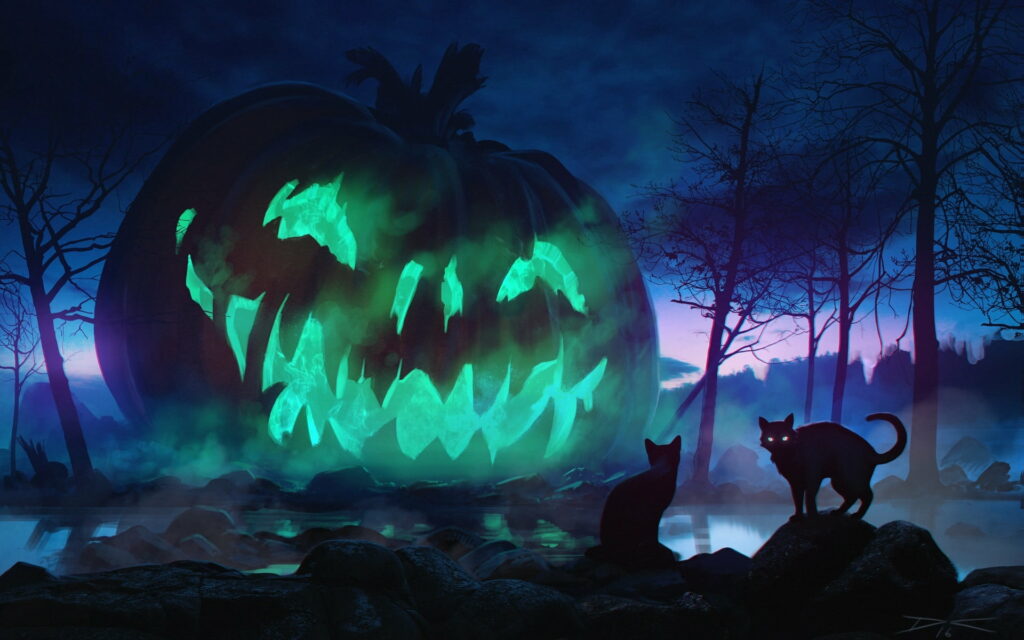 Glowing Halloween Delight: Enchanting Fantasy in Luminous Green, Magical Pumpkins, and Mysterious Black Cats on a Brilliant Blue HD Wallpaper Background