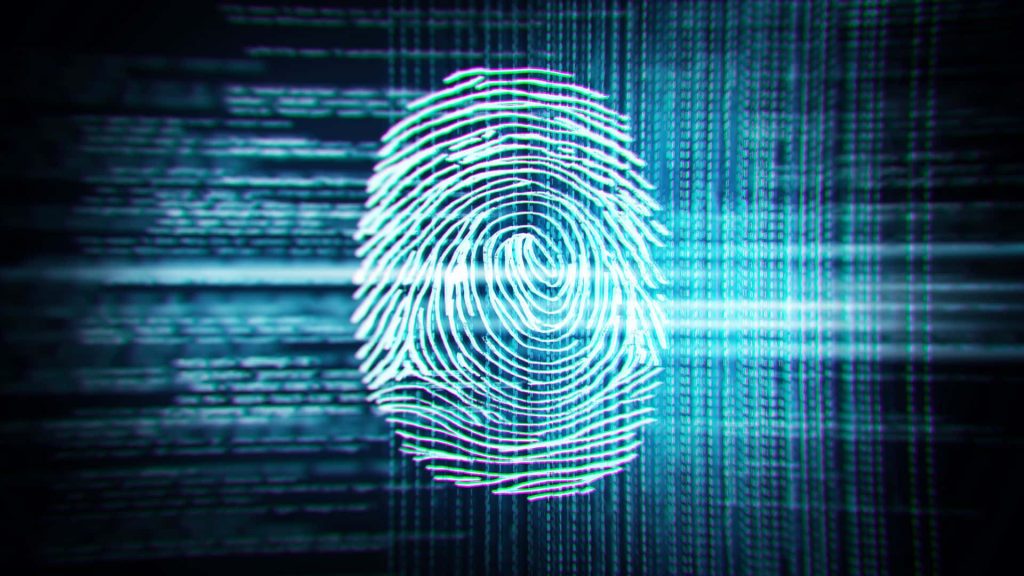 Glowing fingerprint on dark cyber background with cyan binary code representing biometric security Wallpaper