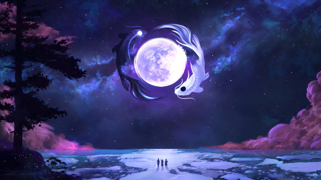 Stunning Full Moon Koi Wallpaper: Ethereal Celestial Serenity