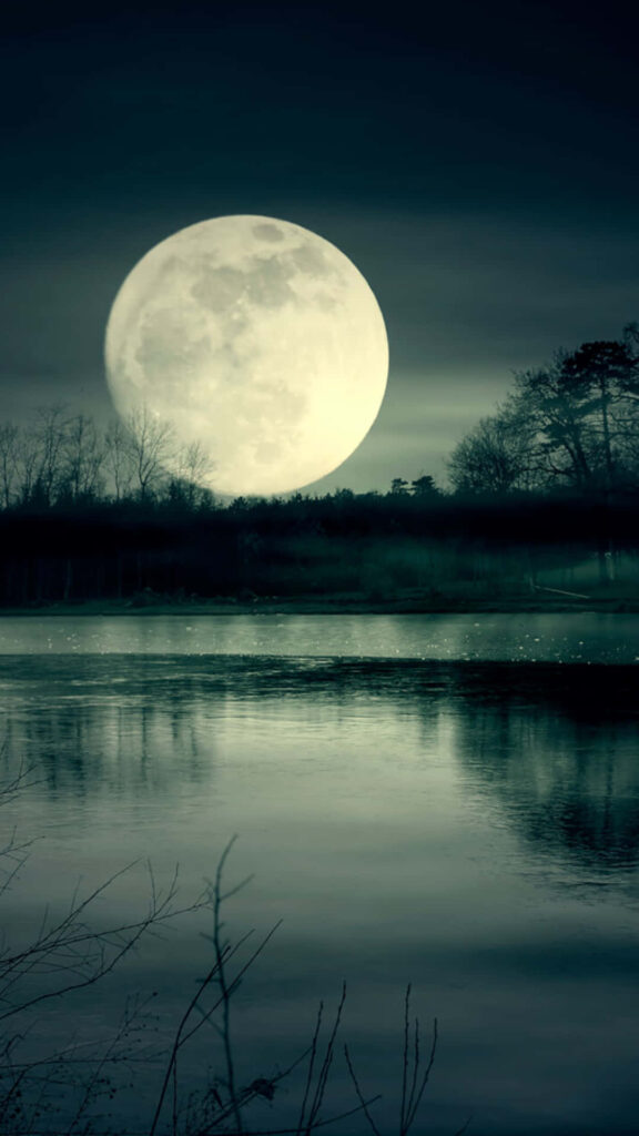 Tranquil iPhone Wallpaper: Luminous Full Moon Over Misty Lake