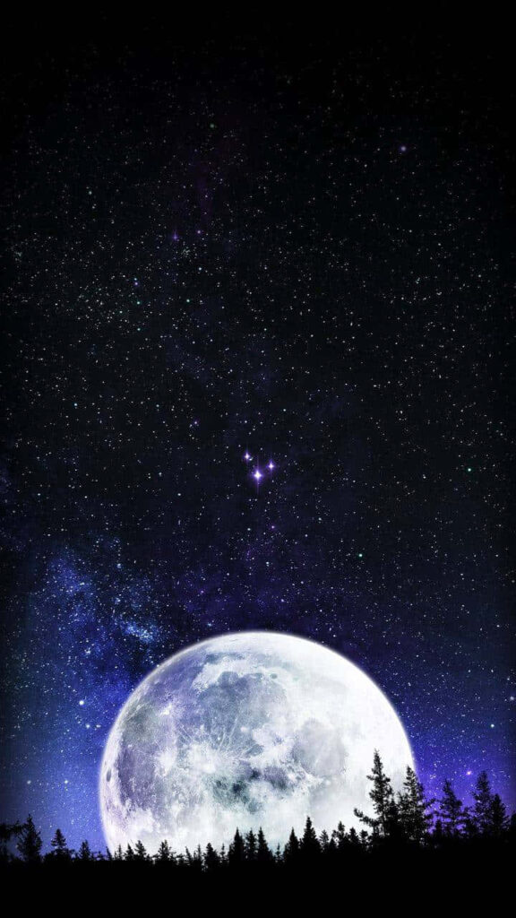 Serene Full Moon Wallpaper: Silhouetted Trees & Milky Way Night Sky