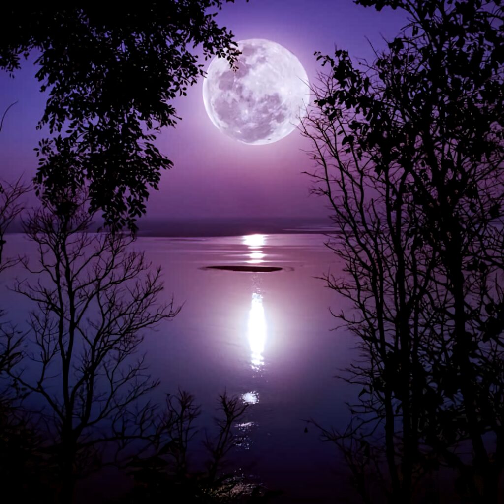 Luminous Full Moon Reflection: Serene Night Scene Wallpaper