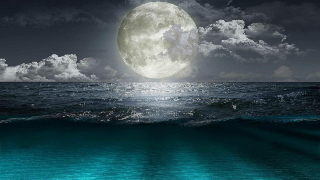 Luminous Full Moon over Tranquil Ocean - Stunning Wallpaper Background