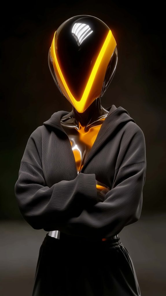 Cyberpunk humanoid in dark hoodie with glowing yellow V helmet futuristic digital art wallpaper