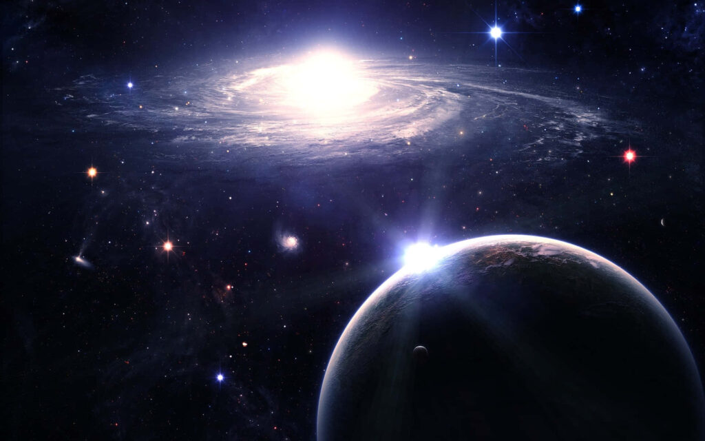 Stunning cosmic wallpaper featuring a luminous galaxy, glowing planet, and countless stars, showcasing outer space beauty.