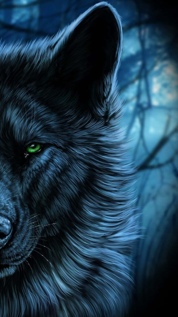 Luminous Green-Eyed Wolf iPhone Wallpaper in Dark Forest
