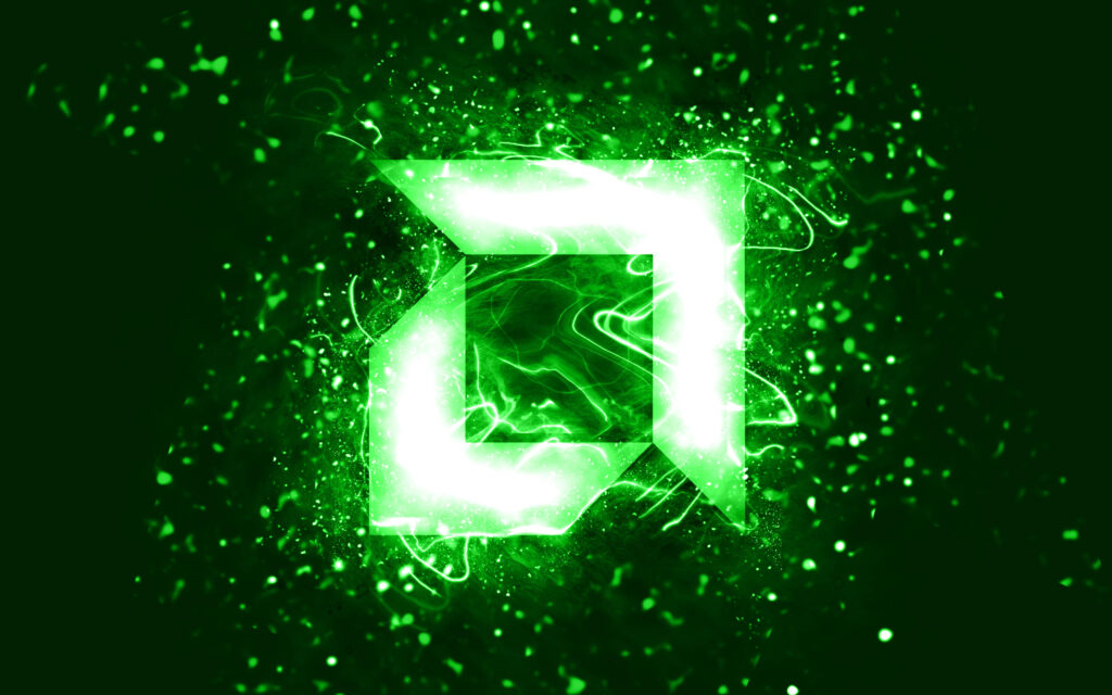 Luminous green neon AMD logo glowing with vibrant energy and glowing particles on dark background Wallpaper