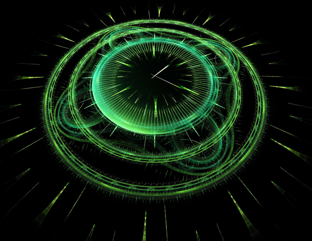 Luminous green clock wallpaper with neon circular patterns glowing on black futuristic background
