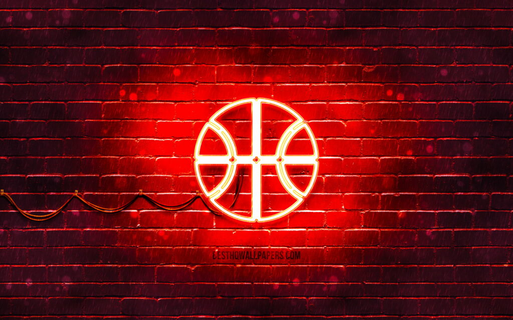 Dazzling Neon Basketball Symbol Shining on Vibrant Red Background: A Captivating Sports Icon in Mesmerizing Neon Lights Wallpaper