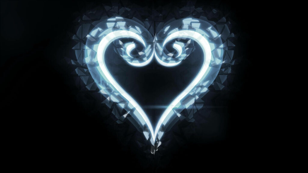 Luminous Kingdom Hearts glowing heart logo on dark abstract background wallpaper design