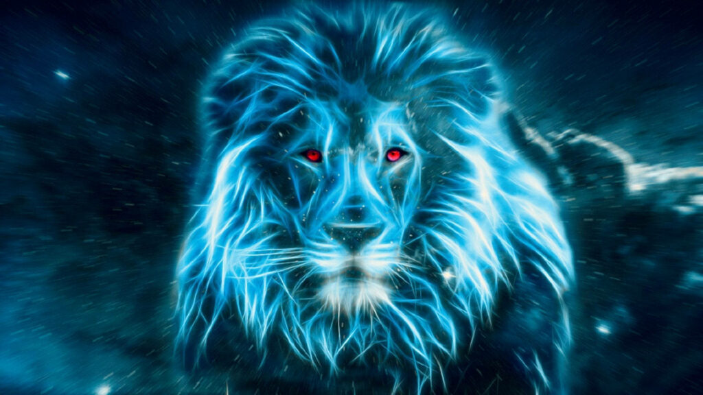 The Majestic Glow: A Striking 3D Lion Backdrop Illuminated by Neon Blue Passion - Captivating 3D Lion Background Photo Wallpaper