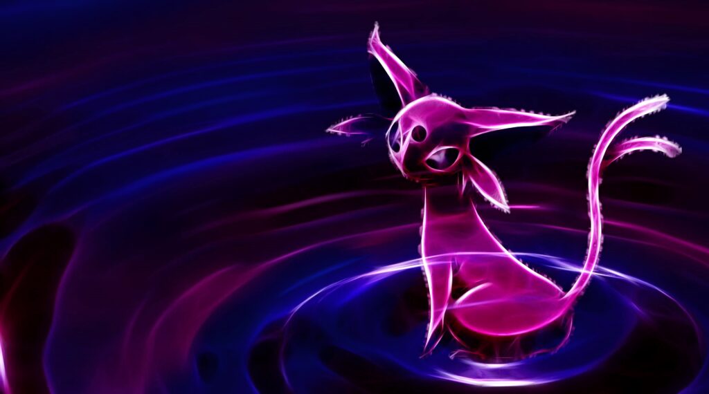 Neon Espeon glowing in purple pink water ripples with sharp outlines on dark blue violet background Wallpaper
