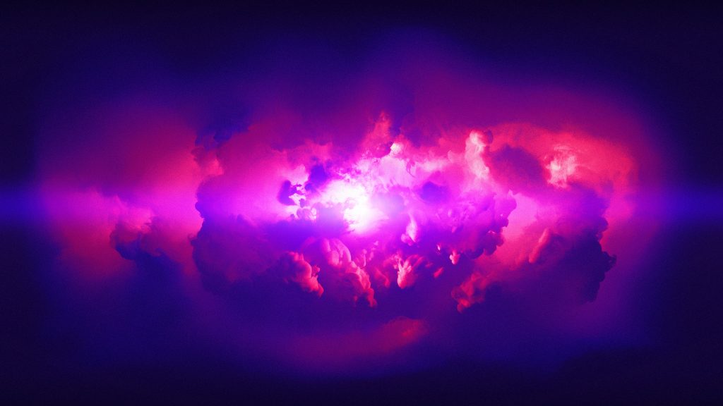 Abstract digital artwork of a glowing pink cloud swirling on a deep purple cosmic background wallpaper