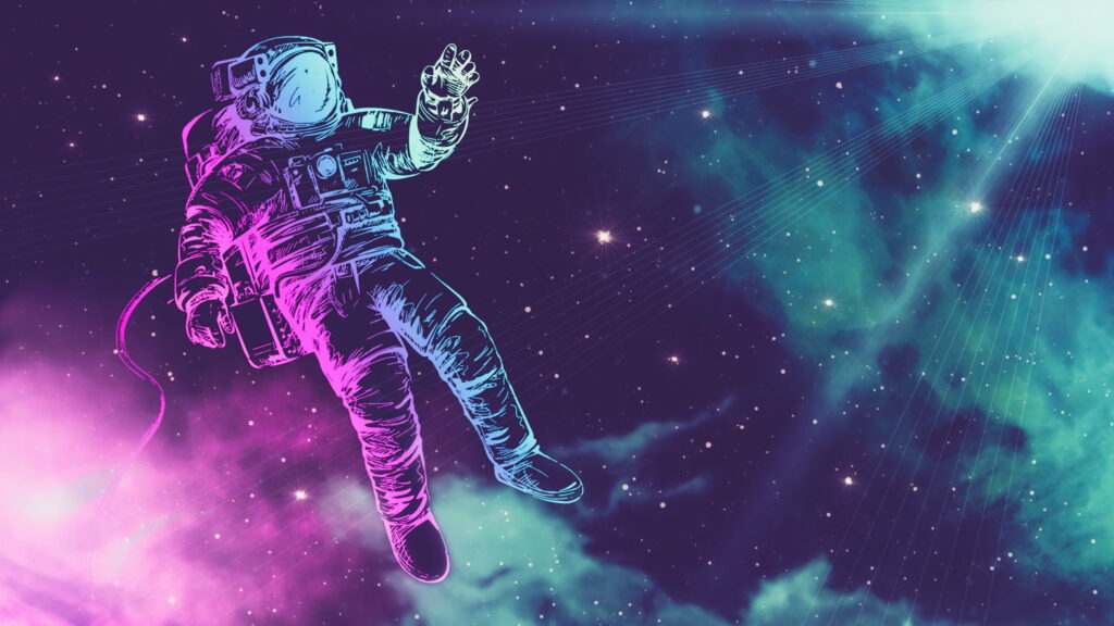 Radiant Astral Explorer: A Vivid Journey Through Neon-Lit Cosmos Wallpaper
