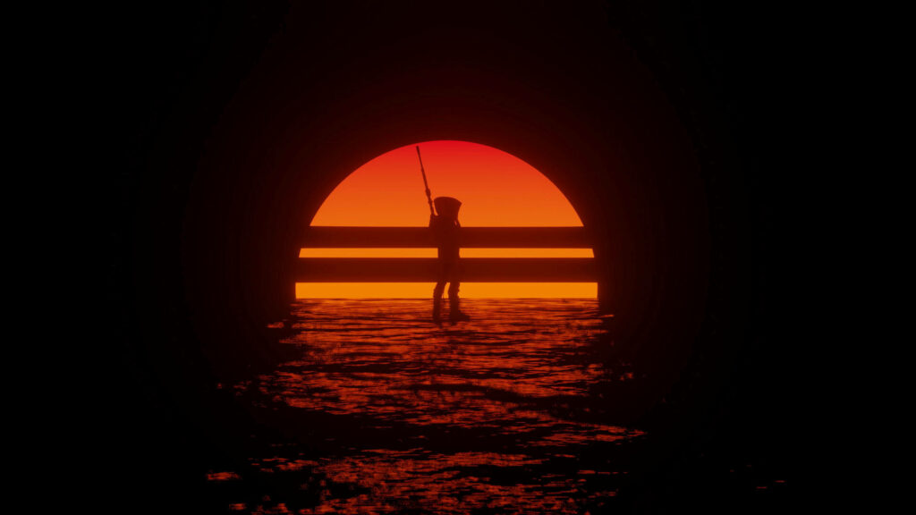 Silhouette Serenade: A Retrowave Sunset Embraces a Youthful Shadow Wallpaper