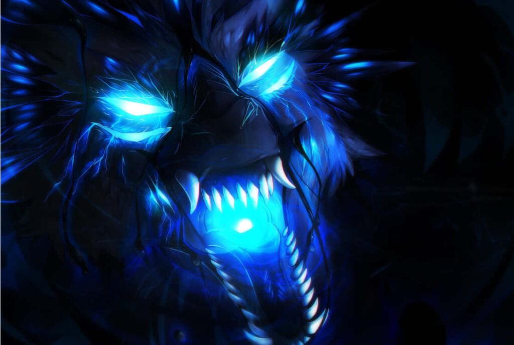 Luminous Wolf Wallpaper: Ethereal Cosmic Design with Blue Eyes