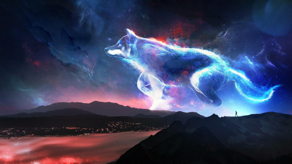 Celestial Wolf Wallpaper: Ethereal Design with Nebula Skies