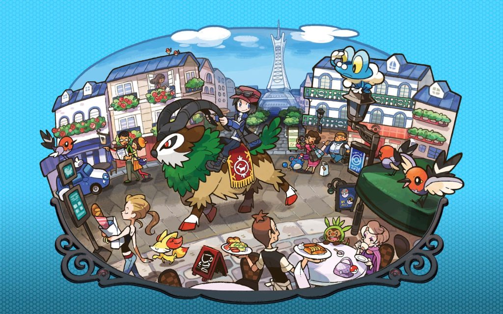Pokémon trainer riding Gogoat in Lumiose City with Prism Tower and Fennekin Chespin Froakie Wallpaper