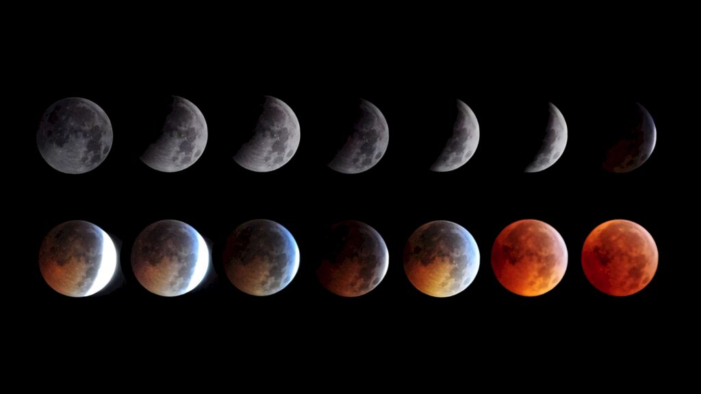 Lunar eclipse phases showing moon transition from partial shadow to vivid red totality texture Wallpaper