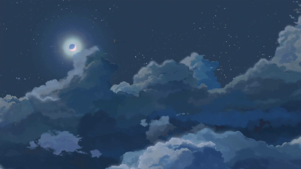 Enchanting Lunar Serenade: Delightful Anime Backdrop with Moonlight Piercing through Clouds Wallpaper