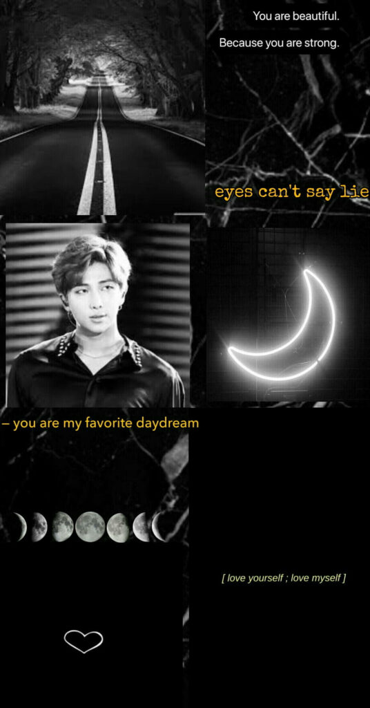 Midnight Visions: BTS RM Leading the Lunar Serenade in a Dark Aesthetic Collage Wallpaper