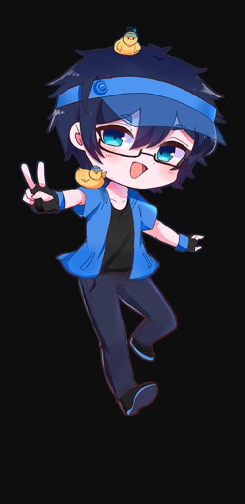 Chibi anime Luni from Gacha Club in blue jacket with cap glasses and two yellow ducks on black background Wallpaper