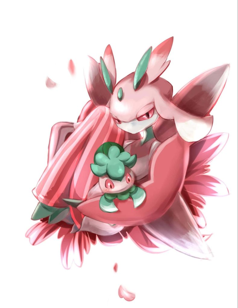Digital artwork of Lurantis gently holding Fomantis soft pink green serene Pokémon wallpaper