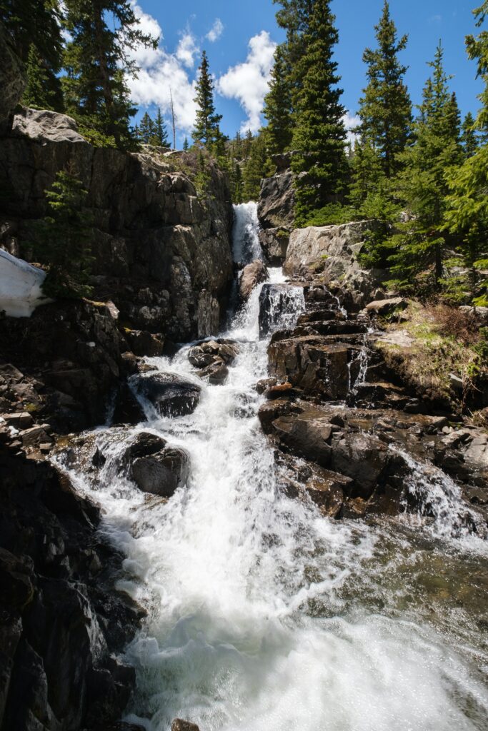 Lush pine forest with a vibrant waterfall cascading over rugged rocks under clear blue sky Wallpaper